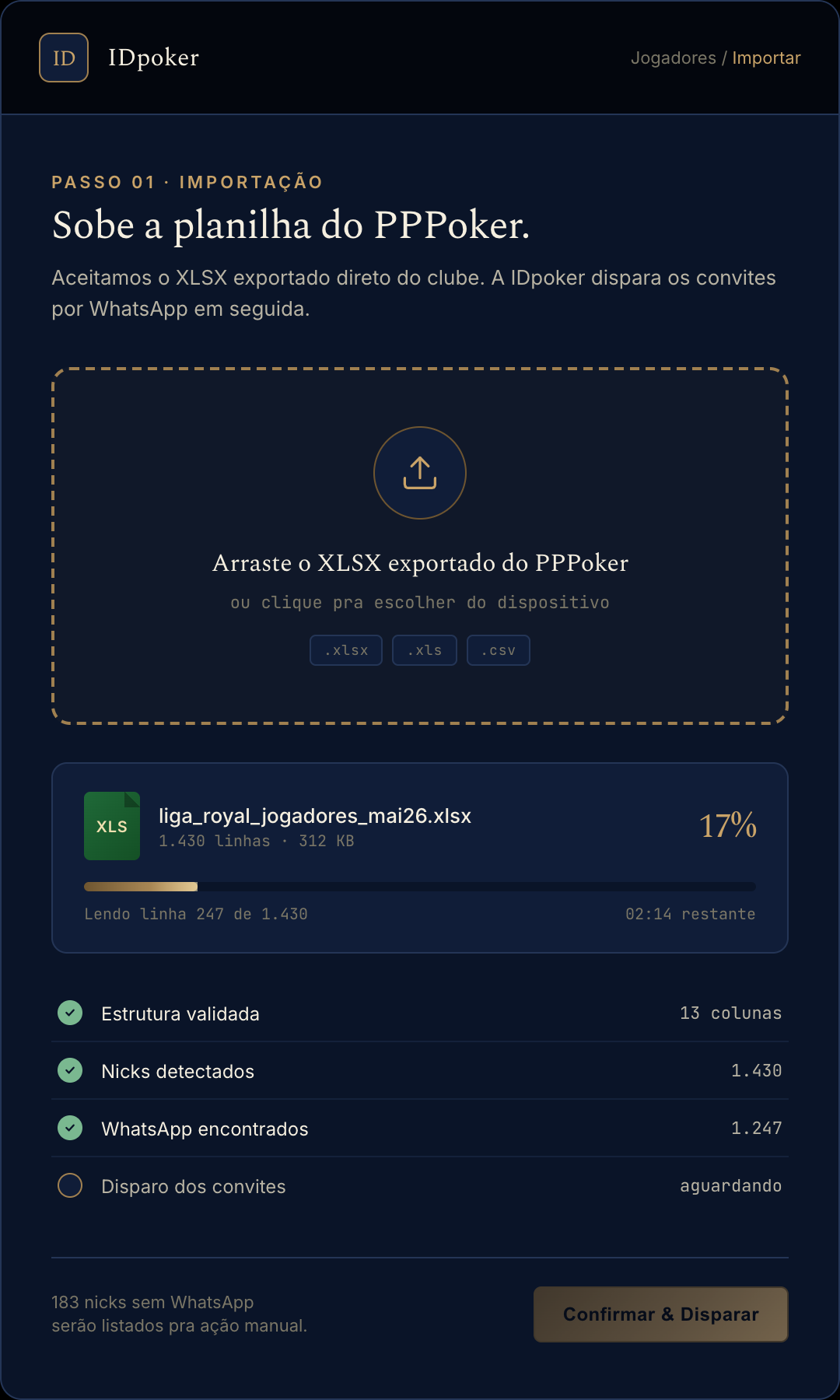Tela de upload de planilha XLSX no painel admin IDpoker